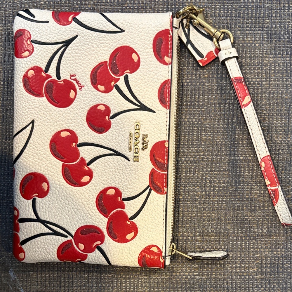 Coach White Leather Cherry Print Wristlet Clutch with Red and Black Accents